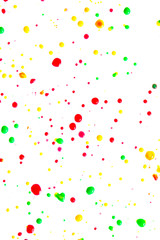 Close Up of Multicoloured Splattered Paint Blobs on White Paper for Abstract Background