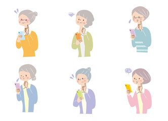 スマホ　困った　シニア女性　表情セット