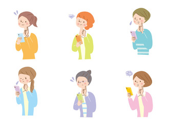 スマホ　困った　若い女性　表情セット