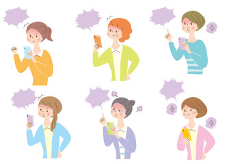 スマホ　怒る　若い女性　表情セット