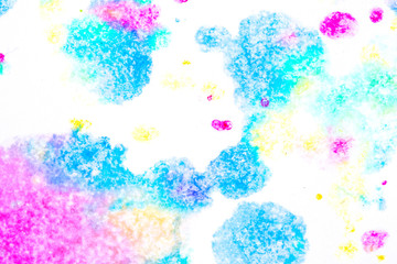Close Up of Multicoloured Splattered Paint Blobs on White Paper for Abstract Background