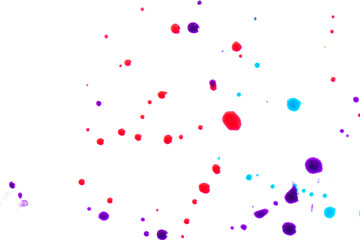 Close Up of Multicoloured Splattered Paint Blobs on White Paper for Abstract Background