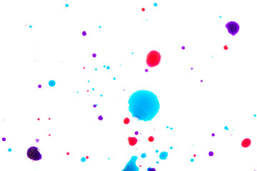 Close Up of Multicoloured Splattered Paint Blobs on White Paper for Abstract Background