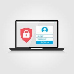 Account protection on laptop screen concept. Security authentication to protect privacy files, data or documents. Login interface template with shield and lock symbol, vector illustration