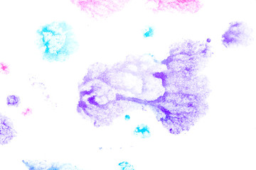 Close Up of Multicoloured Splattered Paint Blobs on White Paper for Abstract Background