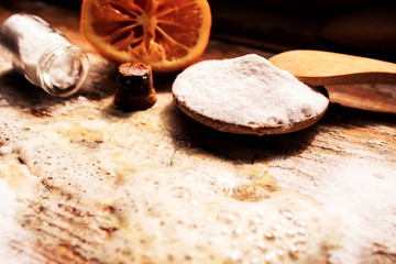 soda and lemon on a wooden background. Selective focus