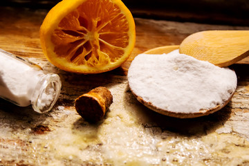 soda and lemon on a wooden background. Selective focus