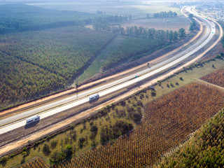 Aerial view of the national highway 14 that runs from north to south of Argentina. Freeway back and...