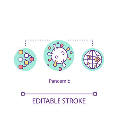 Pandemic concept icon. Coronavirus epidemic. Viral disease worldwide spreading idea thin line illustration. Infection cell. Vector isolated outline RGB color drawing. Editable stroke
