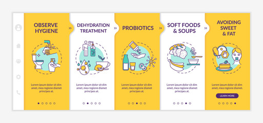 Indigestion prevention and treatment onboarding vector template. Observe hygiene, avoid sweet and fat. Responsive mobile website with icons. Webpage walkthrough step screens. RGB color concept
