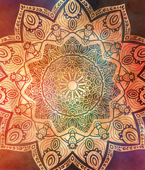 Mandala wallpaper, tracery round boho style. Ethnic ornament background. Folk, meditation design. Colored curved shape.
