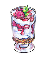 Sweet creamy dessert with layers of biscuit and red cherry topping, hand drawn illustration isolated on white - color pencils and black ink outlines.