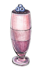Sweet coffee layered dessert with chocolate and bilberry topping, hand drawn illustration asolated on white - color pencils and black ink outlines.