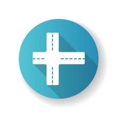 Crossroad blue flat design long shadow glyph icon. Intersection of roads. Crossing pavement ways. Junction of crosswalk. Urban infrastructure. Crossed motorway. Silhouette RGB color illustration