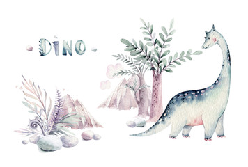 Illustration aquarelle de collection de dinosaures de bébé dessin animé mignon, dino peint à la main isolé sur fond blanc pour la décoration d& 39 affiche de pépinière. Art drôle d& 39 enfants de Rex