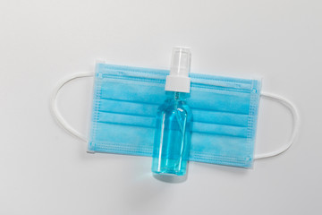 Coronavirus prevention medical surgical masks and alcohol spray for hand hygiene corona virus protection.