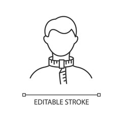 Neck circumference pixel perfect linear icon. Thin line customizable illustration. Human body measurements, tailoring parameters contour symbol. Vector isolated outline drawing. Editable stroke