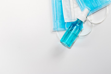 Coronavirus prevention medical surgical masks and alcohol spray for hand hygiene corona virus protection.