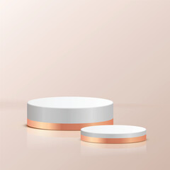 minimal scene with geometrical forms. white and gold cylinder podiums metal material in cream background. Scene to show cosmetic product, Showcase, shopfront, display case. 3d vector illustration.