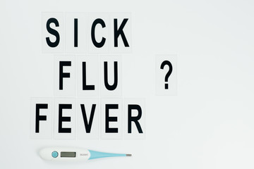 big black question sick, flu, fever witn termometer  on white background