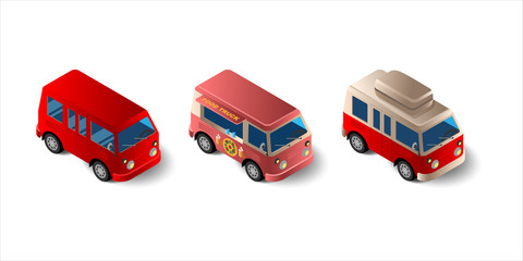 Set of isometric mini truck icons. Street food chef, delivery, traveling. Flat 3d vector illustration isolated on white background. Van vehicle.