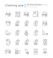 Clothing sizes pixel perfect linear icons set. Body measurements customizable thin line contour symbols. Female and male parameters for apparel. Isolated vector outline illustrations. Editable stroke