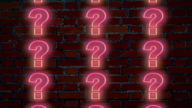 Computer effect showing endless loop of neon blinking question marks on brick wall surface