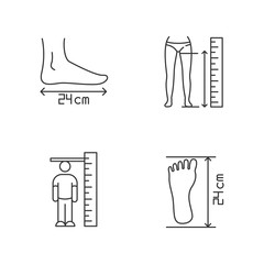 Body measurements pixel perfect linear icons set. Inside leg, foot length and human height determination customizable thin line contour symbols. Isolated vector outline illustrations. Editable stroke