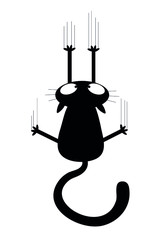 Black cat slides down the wall leaving claw marks. vector illustration.