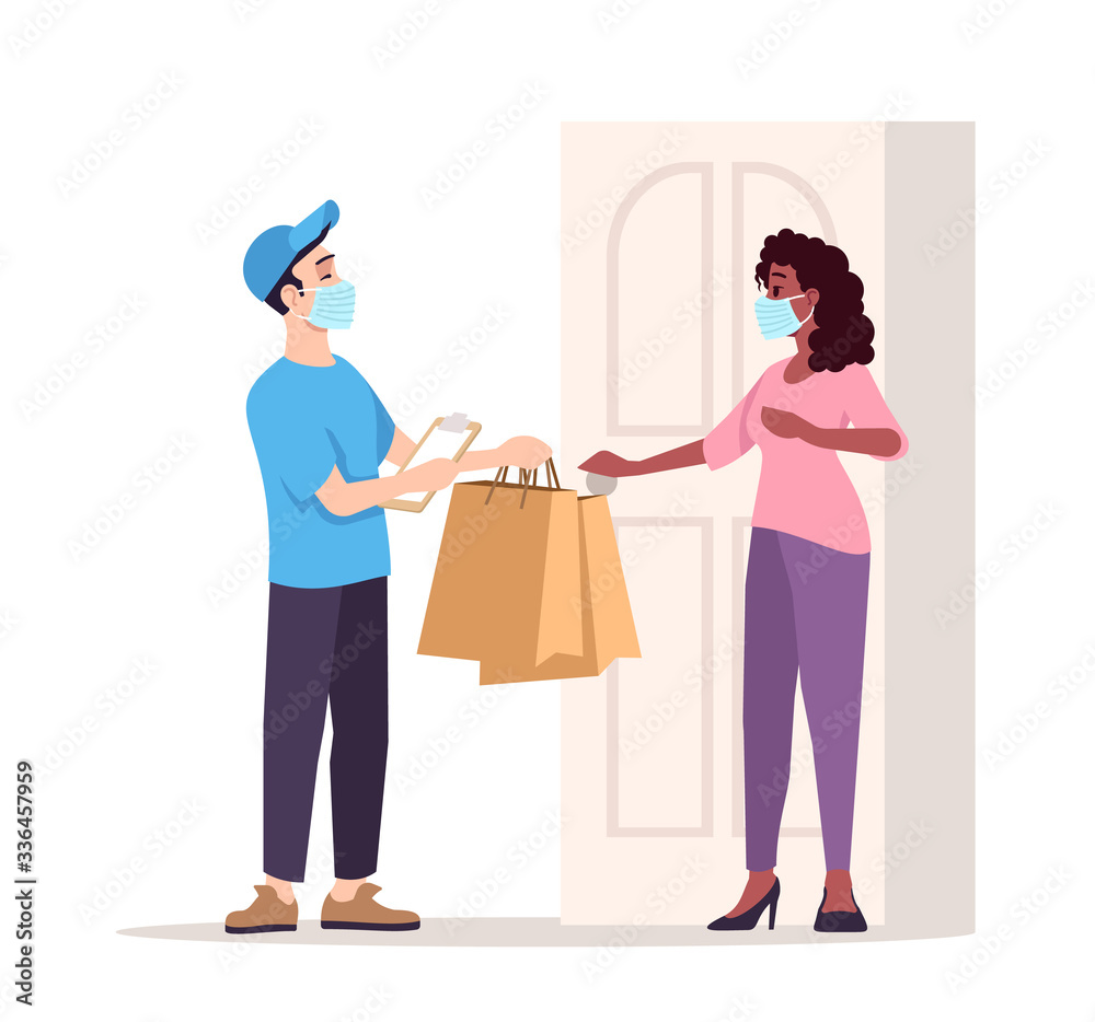 Wall mural Courier and customer in surgical masks semi flat RGB color vector illustration. Delivery boy and woman isolated cartoon character on white background. Ordering service in quarantine, covid19 pandemic