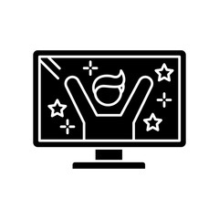 Reality TV star black glyph icon. Television program with host. Fun entertainment. Watch TV series on display. Male presenter. Silhouette symbol on white space. Vector isolated illustration