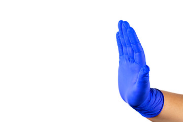 Hand in medical glove isolated on a white background. Symbol of cessation of illness, stopping the...