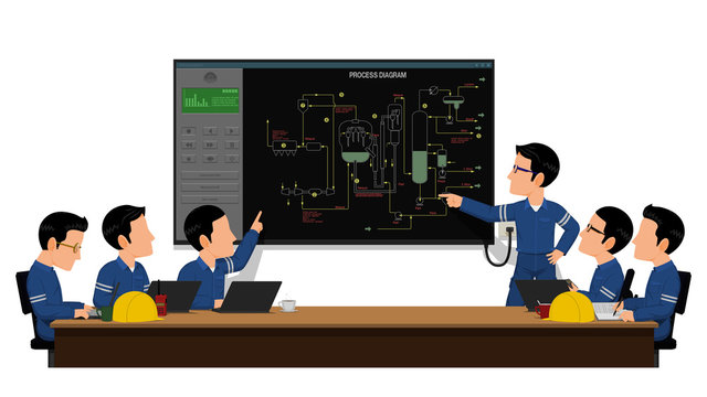 Six workers is meeting on white background