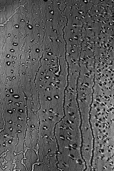 Obraz premium View on a black-white background with the texture of flowing drops of water on glass through a transparent fabric. Concept background, texture.