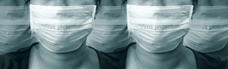 Text Virus protection on face mask background. concept a protective mask covering the nose and...