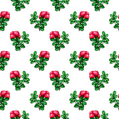 Seamless watercolor pattern with pink red forest berries cowberry branch and green leaves on white background. Hand drawn vintage fashion print for design textile, fabric, wrapping paper, scrapbooking