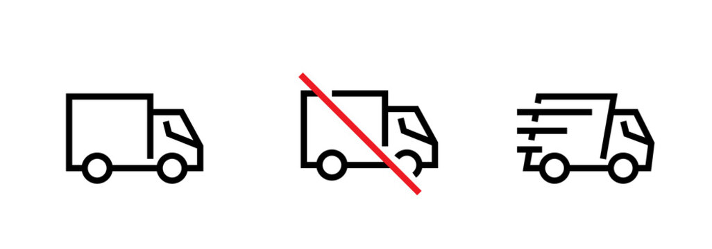 Set of blank, ban and fast cargo delivery truck icons. Editable line vector.