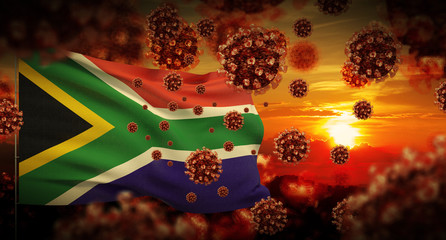 COVID-19 Coronavirus 2019-nCov virus outbreak lockdown concept concept with flag of South Africa. 3D illustration.