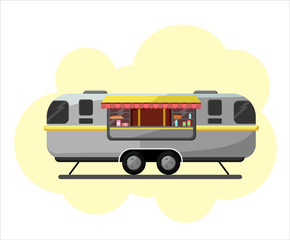 Flat illustration of foodtruck. In the street food on wheels. Vector model