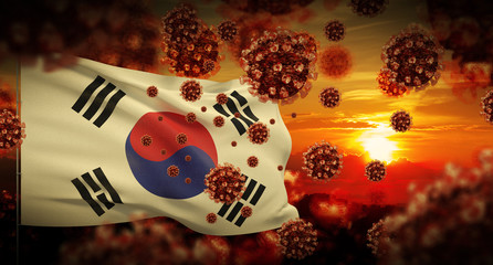 COVID-19 Coronavirus 2019-nCov virus outbreak lockdown concept concept with flag of South Korea. 3D...