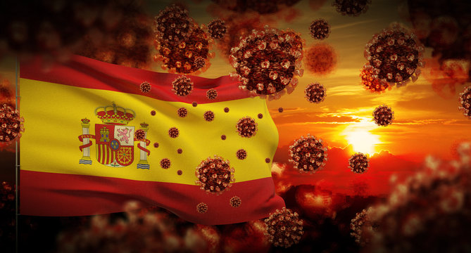 COVID-19 Coronavirus 2019-nCov Virus Outbreak Lockdown Concept Concept With Flag Of Spain. 3D Illustration.