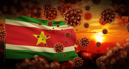 COVID-19 Coronavirus 2019-nCov virus outbreak lockdown concept concept with flag of Suriname. 3D illustration.