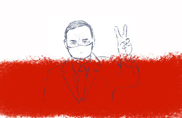 Drawing of a man in a tie and a protective mask on white and red background