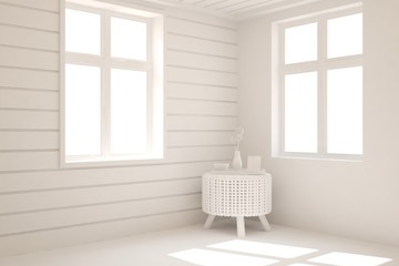 Empty room in white color with table. Scandinavian interior design. 3D illustration