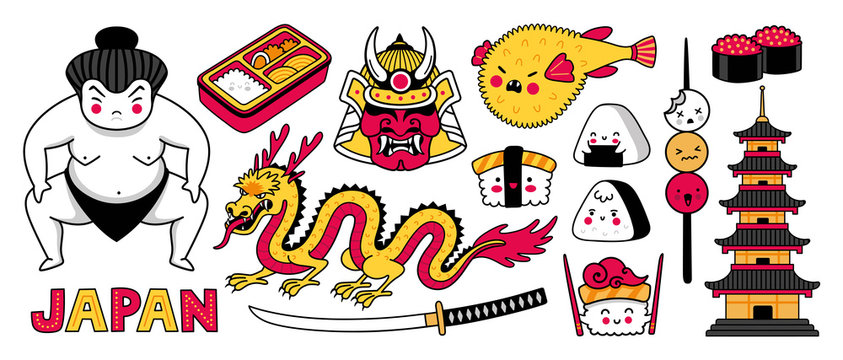 Sumo wrestler, samurai mask, fugu fish, dragon and sushi. Big set of japanese symbols for stickers, patches, badges, pins, prints. Kawaii cartoon characters. Vector illustration.