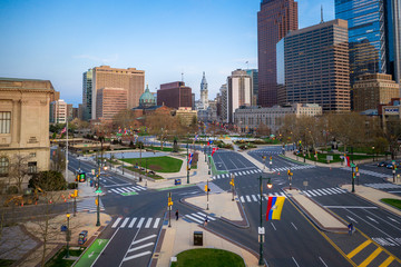 Obraz premium Amazing Sunset Drone Photo of Philly Skyline