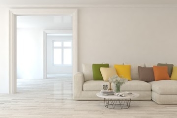 White living room with sofa. Scandinavian interior design. 3D illustration