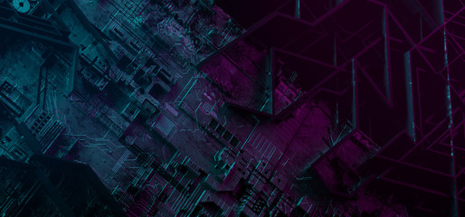Neon Fluorescent Purple Blue Vibrant Sci Fi Futuristic Cyber Closeup Schematic Pc Motherboard Background  Metal Alien Reflective Detailed Realistic 3D Rendering