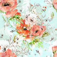  Watercolor seamless pattern of wild poppies and grass