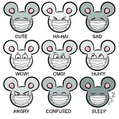 Mouse emoji in a protective mask. Funny hand drawn mouses in quarantine. Animals vector illustration. Doodle mouse.
